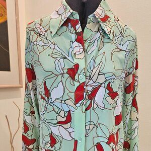 Equipment Leona silk blouse in green ash multi w/light & dark pink , ivory, sand